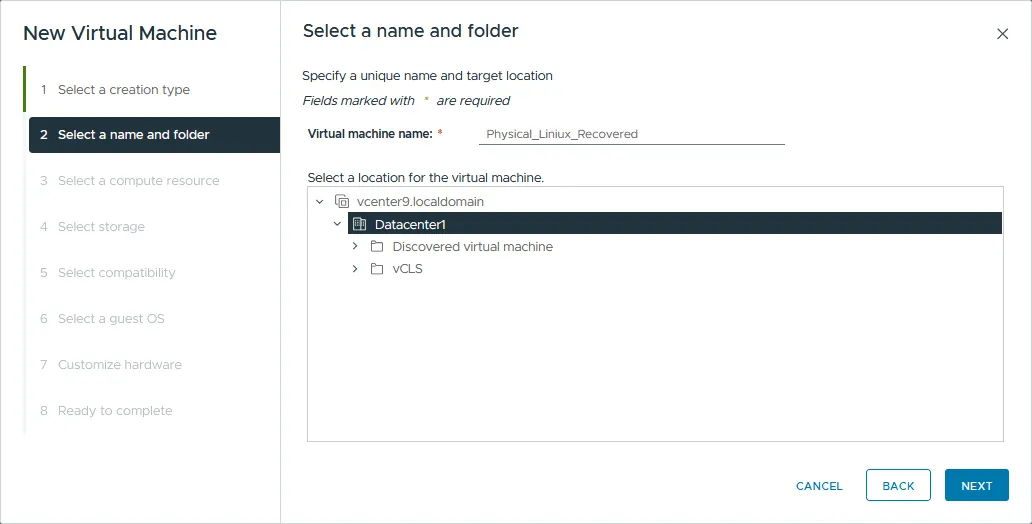 Selecting VM name and folders