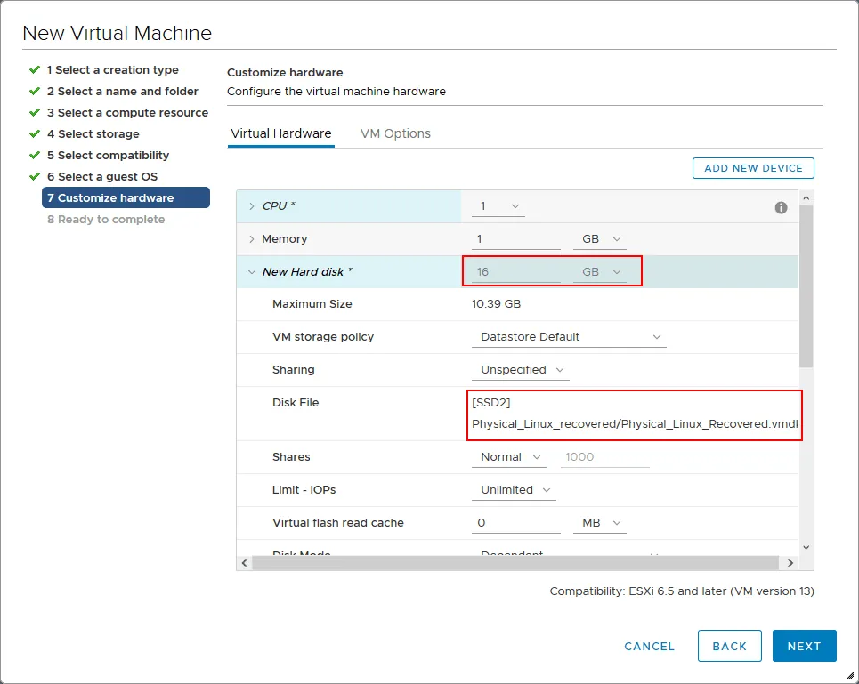 The exported virtual disk has been added to the new VM