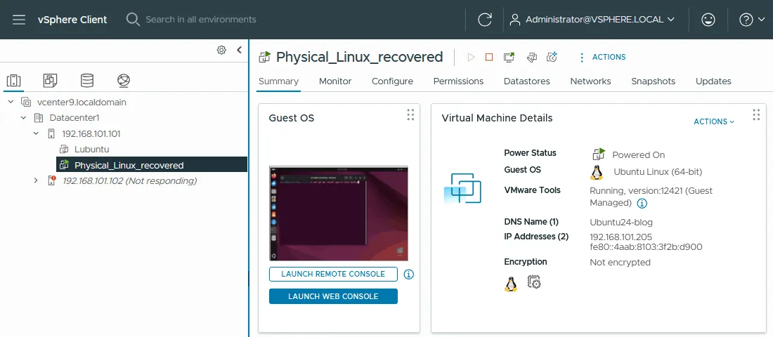 The Ubuntu Linux VM is running after conversion