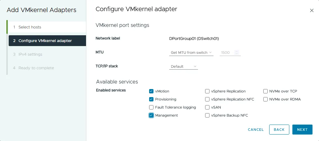 Configuring the VMkernel adapter and services