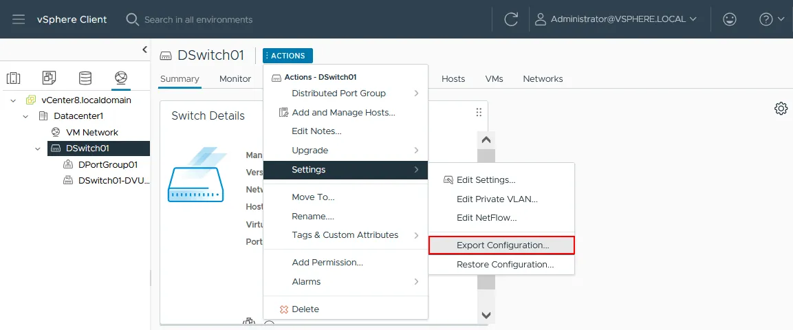 Exporting the distributed switch configuration