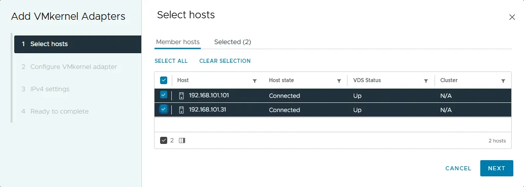 Selecting hosts for VMkernel adapters