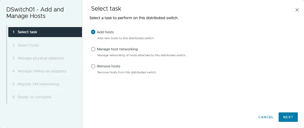 Selecting the Add hosts task